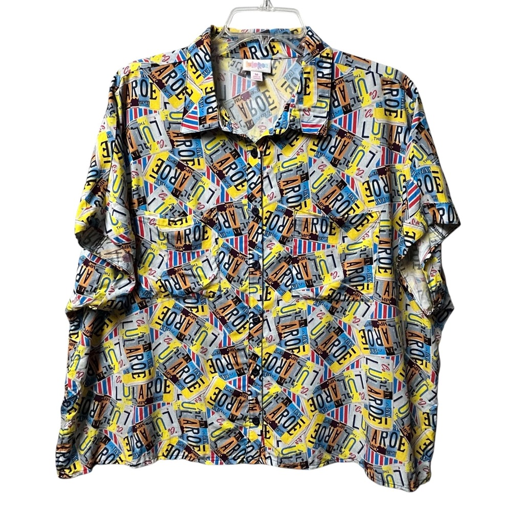 LuLaRoe Medium M Button Down Shirt License Plate All Over Print Short Sleeve Top